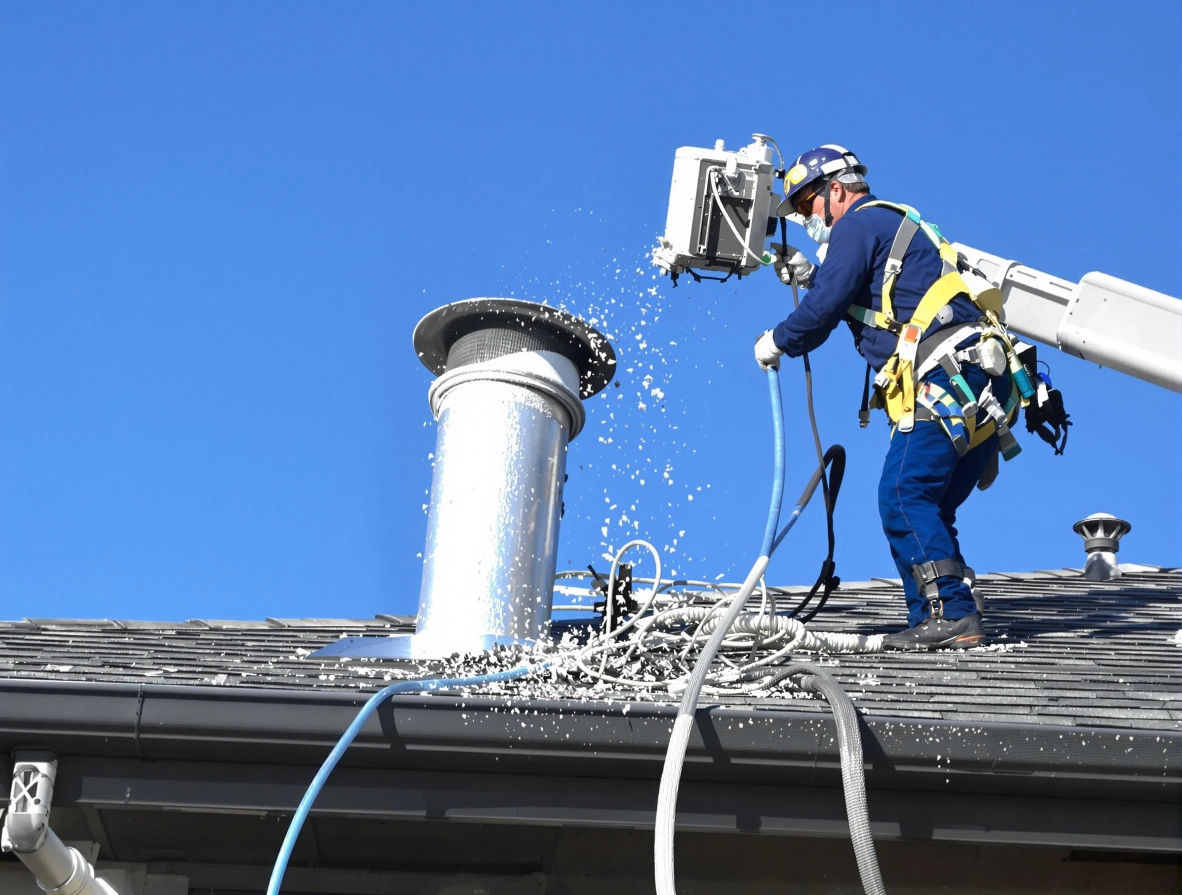 Harrisville Dryer Vent Cleaning certified technician safely cleaning a roof-mounted dryer vent in Harrisville