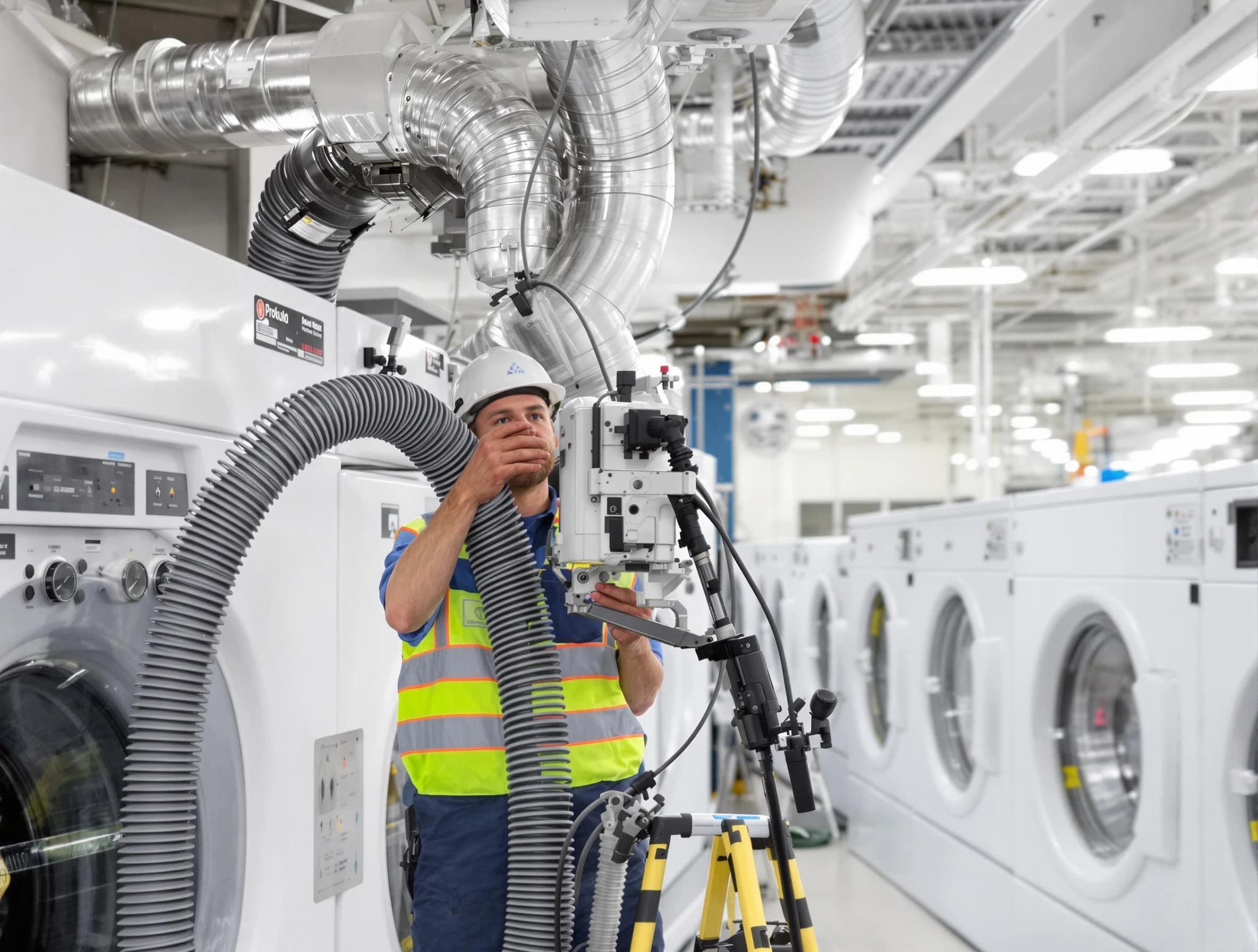 Harrisville Dryer Vent Cleaning team performing commercial-grade dryer vent cleaning at a business facility in Harrisville