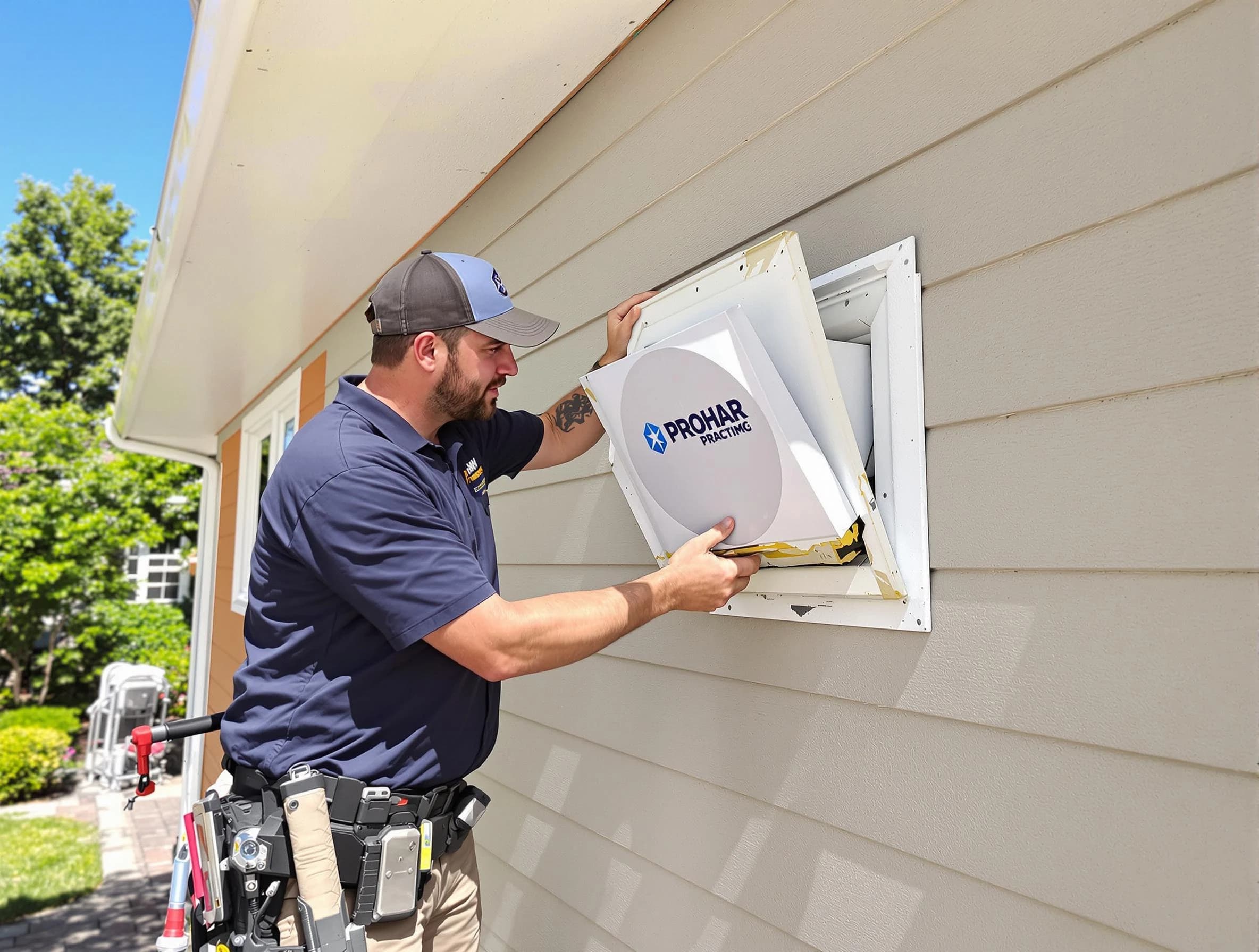 Harrisville Dryer Vent Cleaning technician installing a new protective dryer vent cover on a home in Harrisville