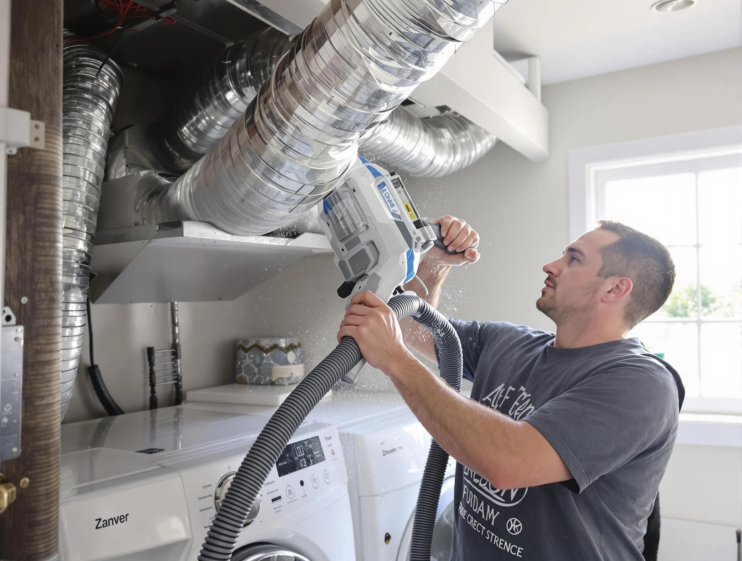 Harrisville Dryer Vent Cleaning specialist cleaning deep within a dryer vent duct system in Harrisville