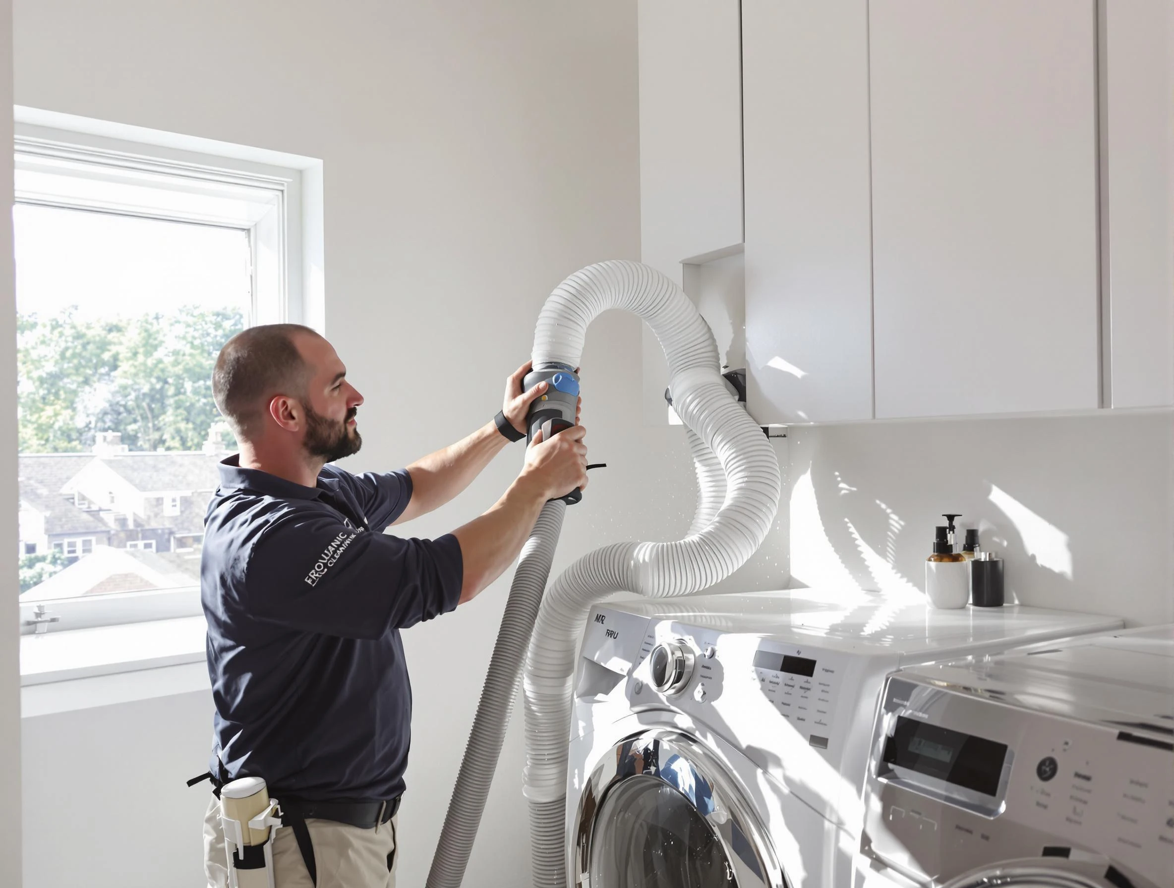 Certified Harrisville Dryer Vent Cleaning technician performing dryer vent cleaning in Harrisville