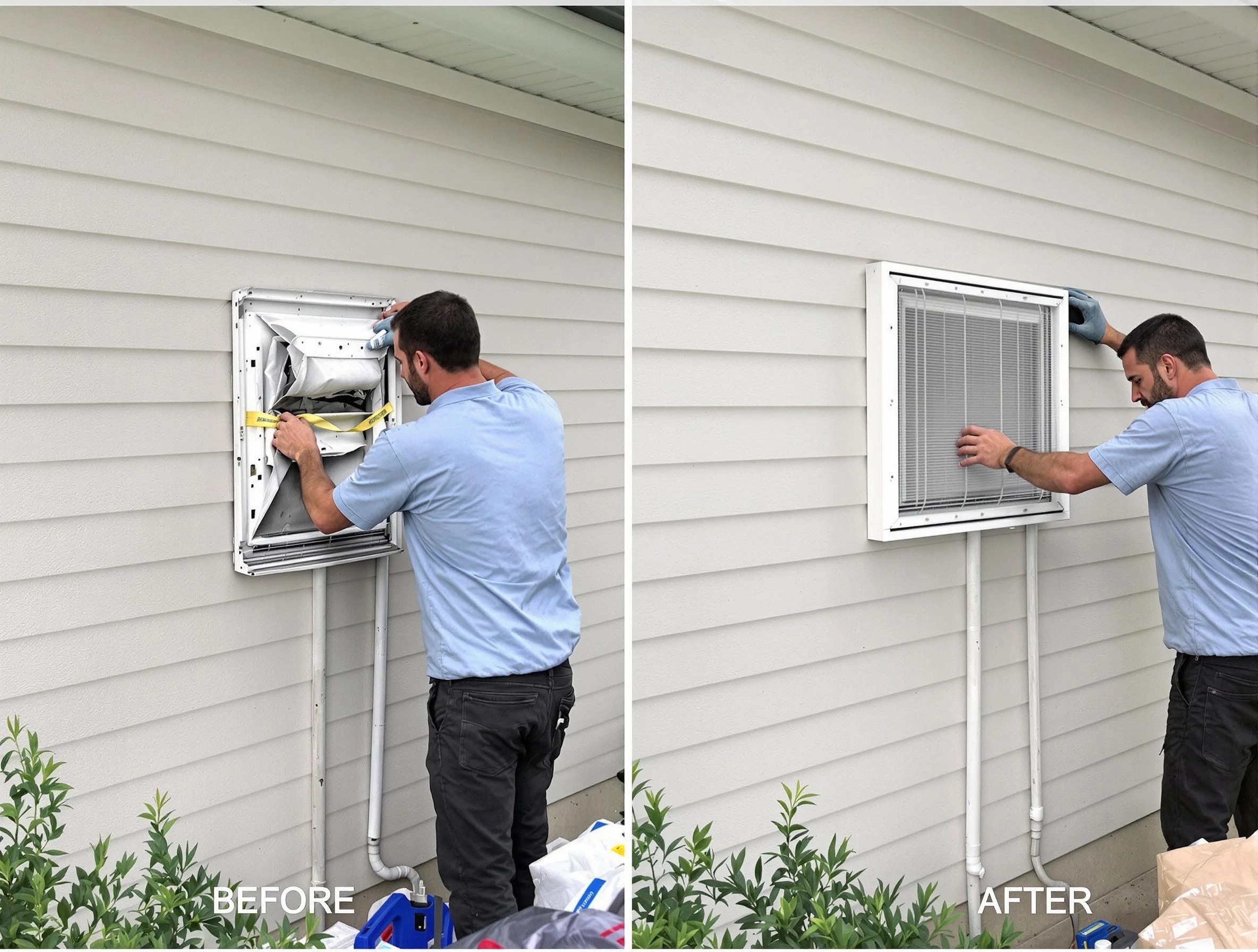 Harrisville Dryer Vent Cleaning technician installing high-quality dryer vent cover at a residential property in Harrisville